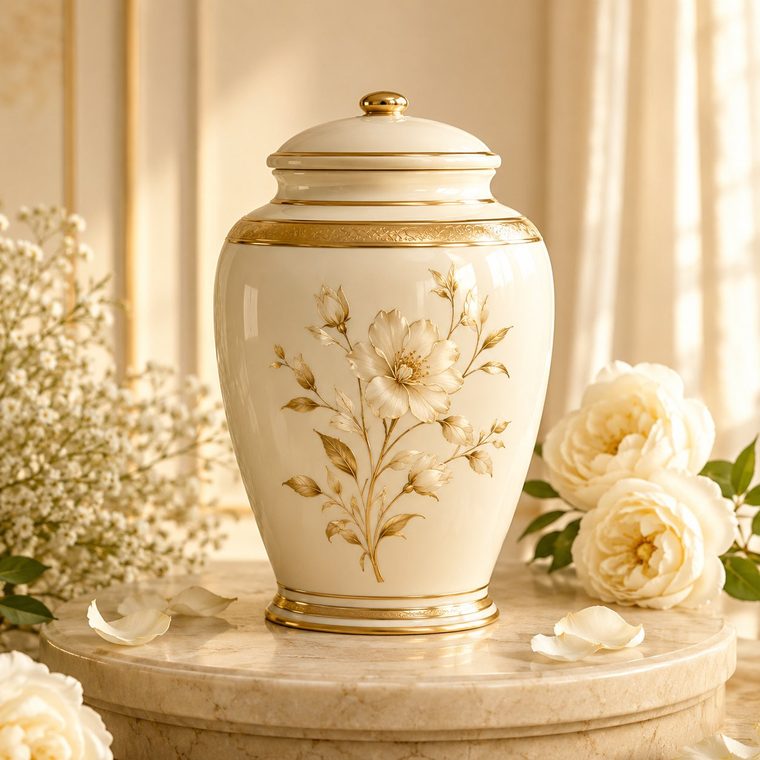 Urna cineraria in ceramica avorio con decoro oro a Napoli